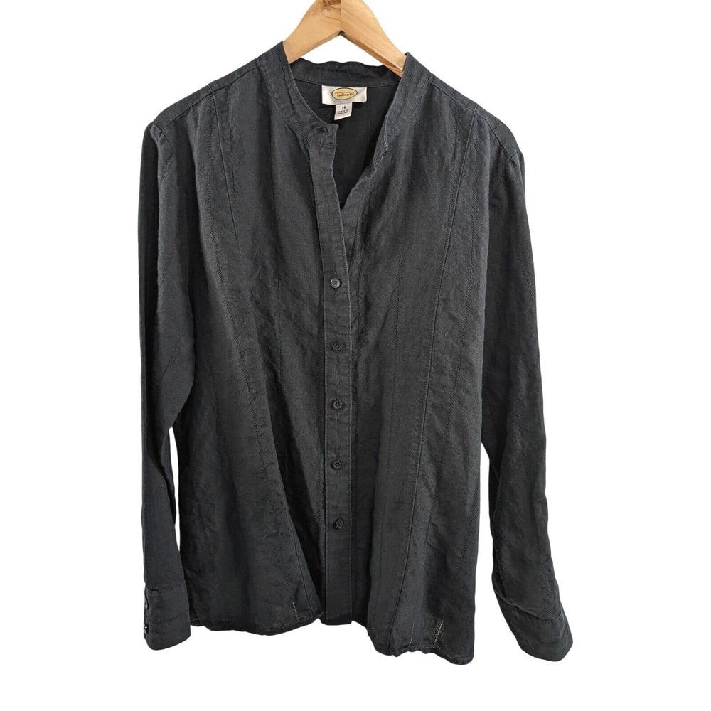 Talbots Womens Linen Cotton Eyelet Long Sleeve Button Up Shirt 14 Black Romantic